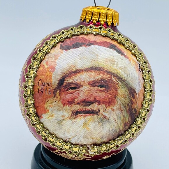 1992 Santa Claus Painted Silk Glass Ball Christmas Tree Ornament Gold Glitter - Picture 2 of 6